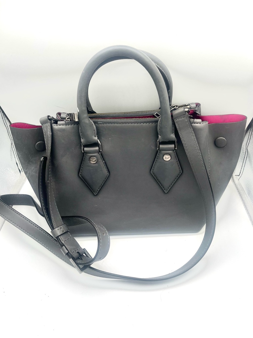 Diane von Furstenberg Gray Leather Top-Handle Crossbody Bag with Pink Interior